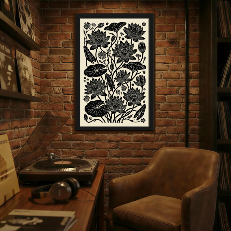 Plantes et fleurs - Motif floral de lotus noir et blanc, H 18 po x l 12 po