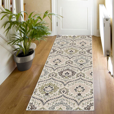 Tapis ivoire gris floral résistant aux taches