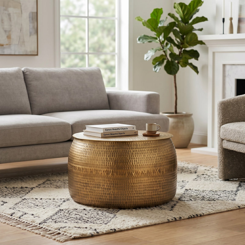 Hammered Metal Coffee Table with Storage, Copper and Brass Antique Finishes, Handcrafted Round Metal Accent Table – 26" Wide   