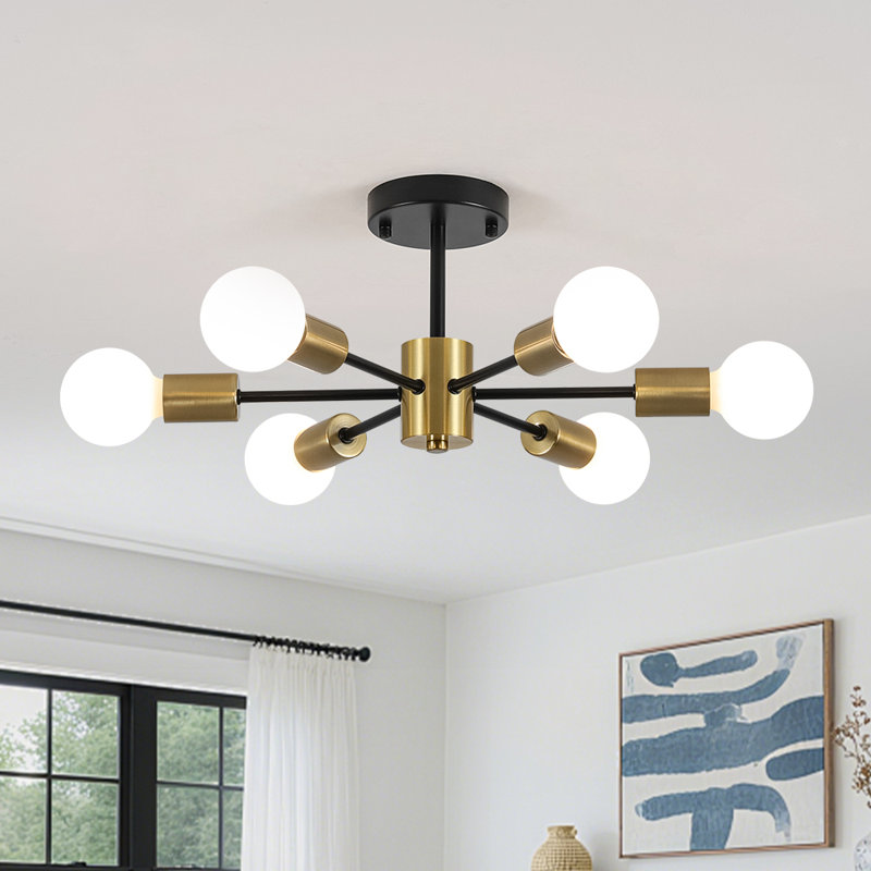 Mid-Century Modern 6-Light Iron Sputnik Semi Flush Mount Ceiling Light, Matte Black/Brass