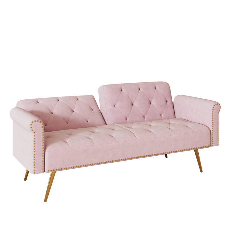Canapé-lit moderne avec garniture cloutée et coussin décoratif assorti, Rose