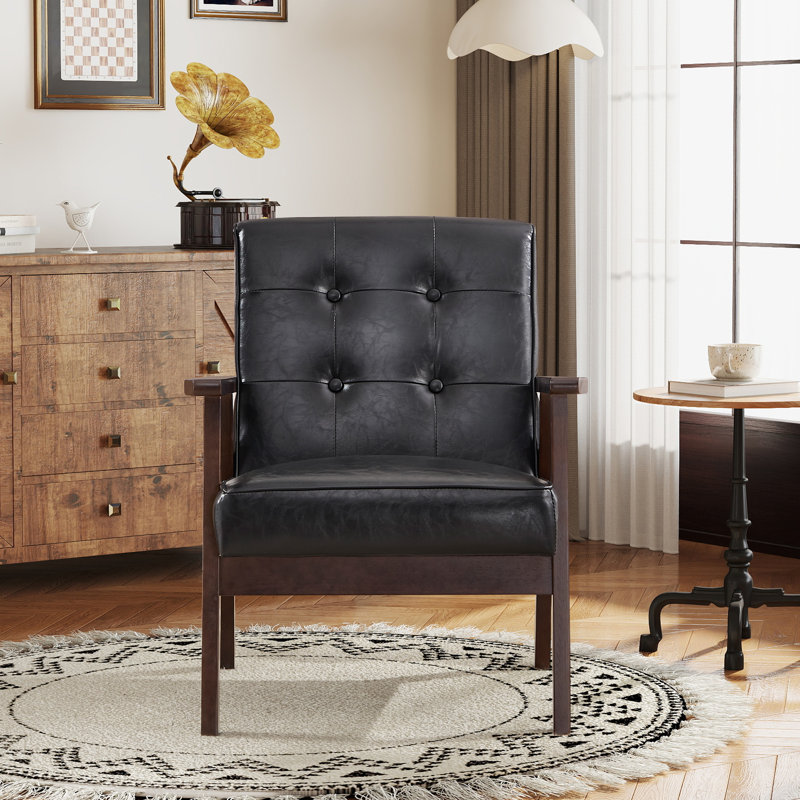 Salma 25" W Tufted Accent Chair with Solid Wood Legs, Black Faux Leather, 1