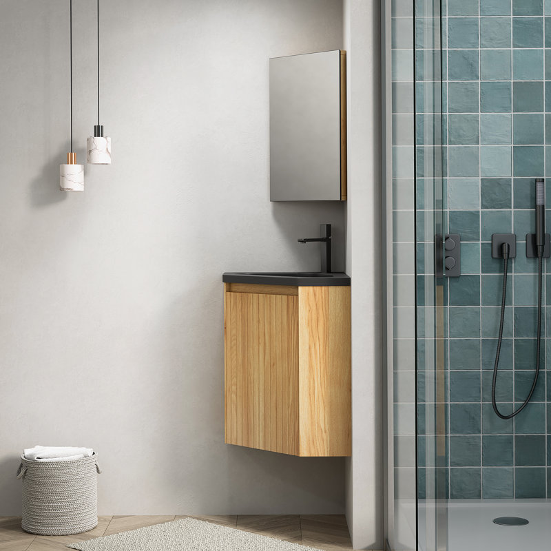 Meuble-lavabo de salle de bain mural avec lavabo, armoire de rangement triangulaire murale avec une porte pour coin
