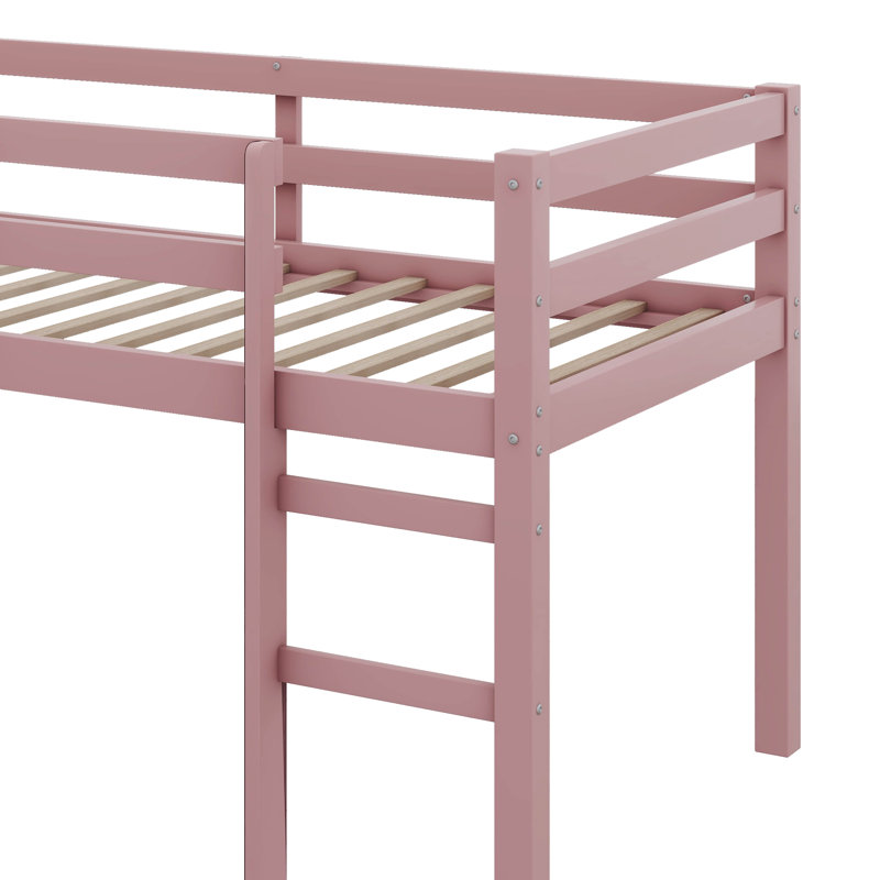 Twin Loft Bed With Guardrails And Ladder, Pink