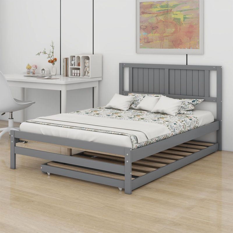 Platform Bed With Adjustable Trundle, Gray