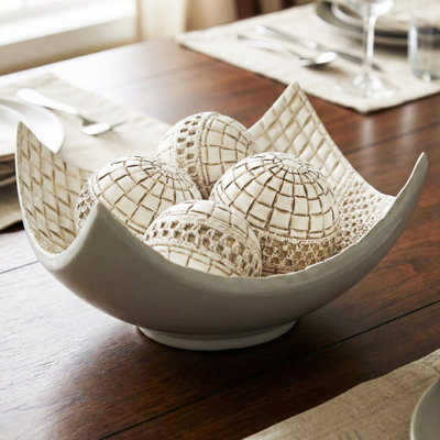 Elektra White Decorative Bowl for Coffee Table Decor, Kitchen, Dining Room Centerpieces, Orbs/Balls Included