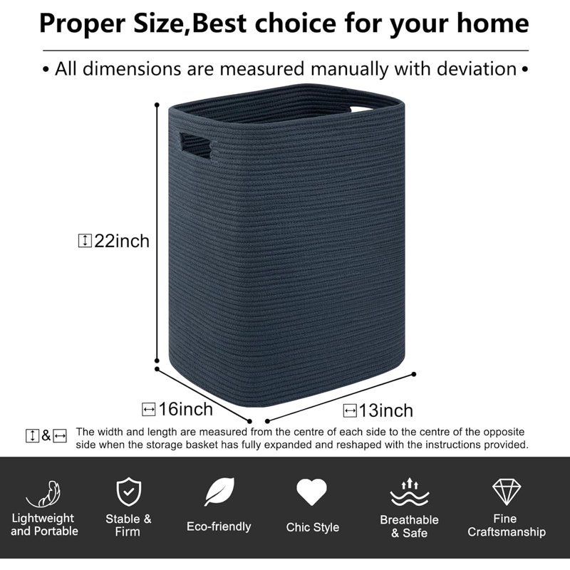 Rectangle Laundry Basket, Large Laundry Hamper With Handles, Cotton Blanket Basket For Living Room, Woven Decorative Storage Basket For Clothes,Pillows-16X13x22in