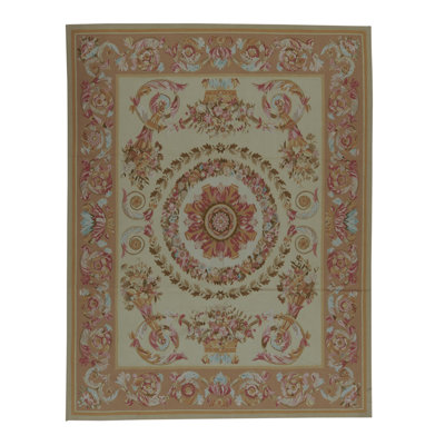 Tapis taupe, ivoire et rose noué à la main de haute qualité