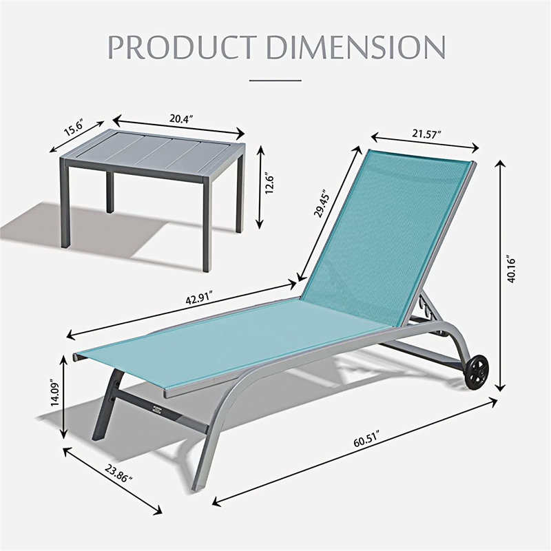 Outdoor Chaise Lounge Chairs With Wheels And Table, Lake Blue