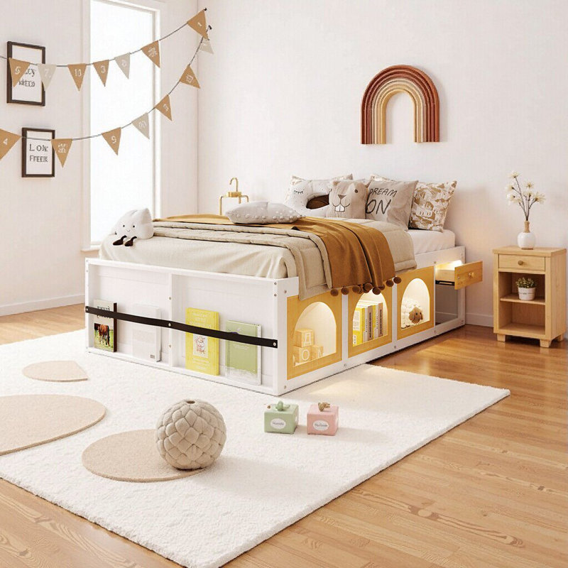 Lit plateforme moderne en bois double avec bibliothèque, lumière DEL et tiroirs de rangement - blanc et naturel