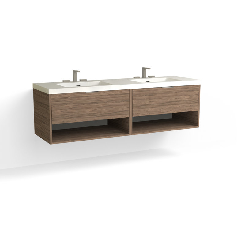 Modo 72" W Wall Mounted Double Bathroom Vanity, White Acrylic, Satin Brass, Glossy White/Single