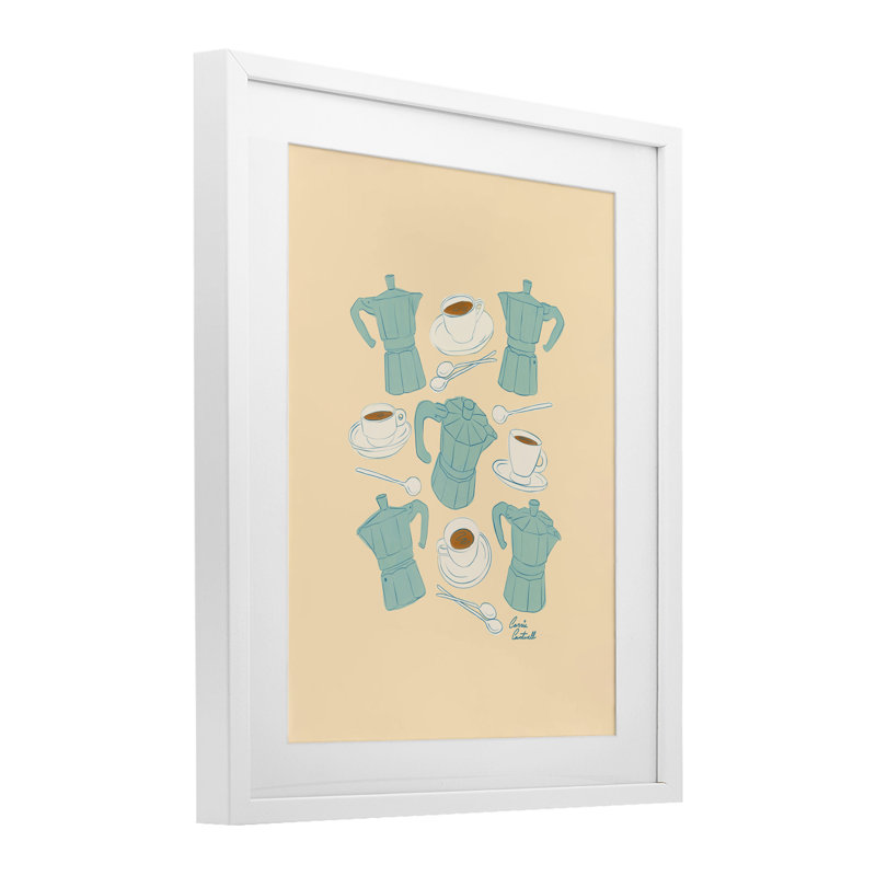 «Espresso & Moka Pots», reproduction encadrée sous verre, conception de Carrie Cantwell, H 21 po x l 17 po