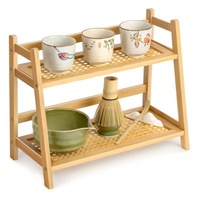 Organisateur de table en rotin Matcha, thé en bambou de comptoir, organisateur de station pour accessoires de café, présentoir porte-gobelet à 2 niveaux pour condiments de cuisine, maison, bureau