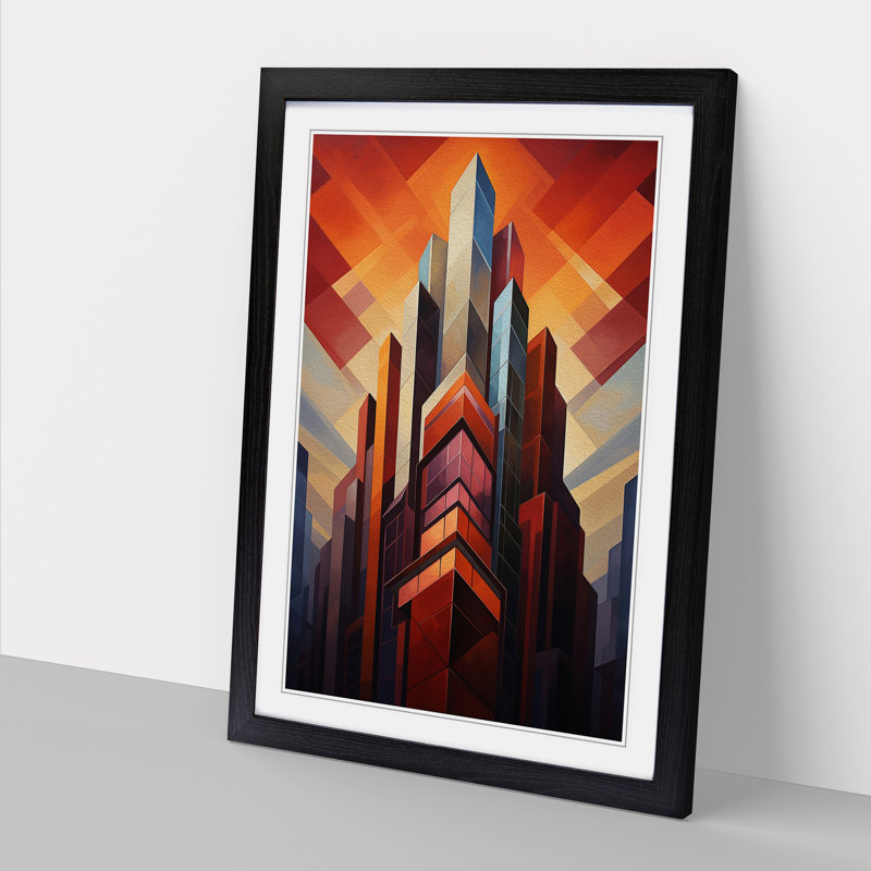 Skyscraper Geometric - Single Picture Frame Print on Wood, 34cm H x 25cm W x 2cm D, Black