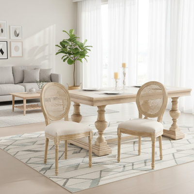 French Country Dining Chairs Set of 2 -Upholstered Round Rattan Back Chairs with Solid Wood Frame