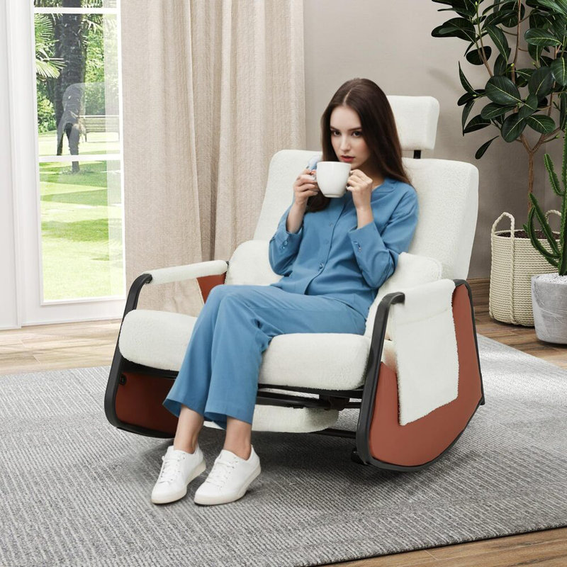 Rocking Chair With Retractable Footrest And Adjustable Backrest, White 