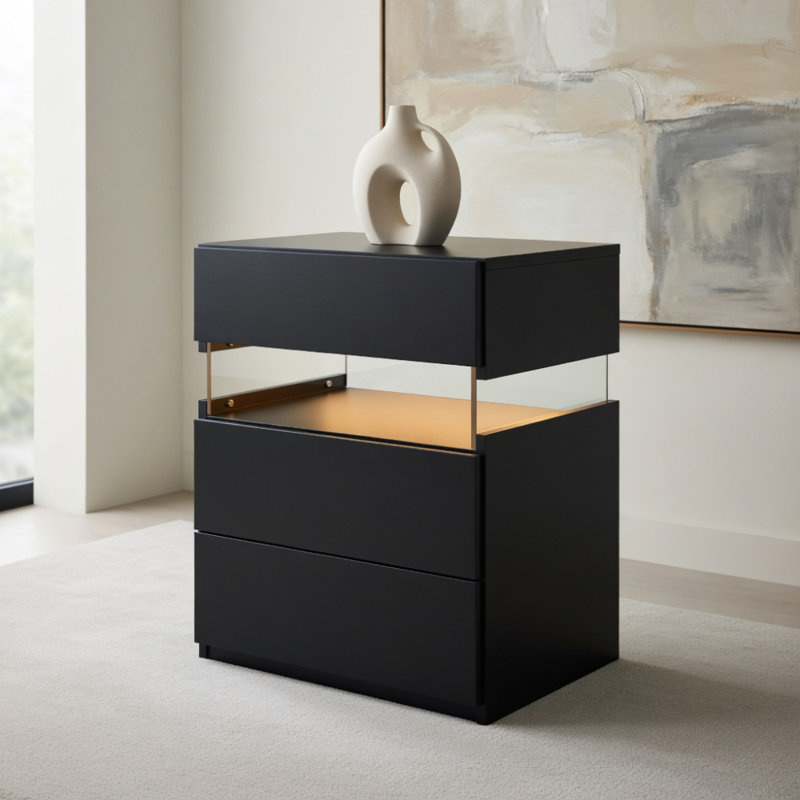Commode 3 tiroirs à DEL pour tables de bout avec tables en acrylique et tables de chevet à DEL (noir), Noir