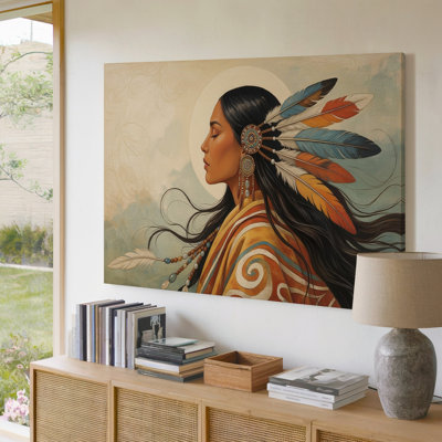 Native American Woman Profile Feather Headdress Modern Canvas Wall Art Print For Living Room, Bedroom, Office, Hallway, Entryway, Gallery Wall And Modern Home Decor