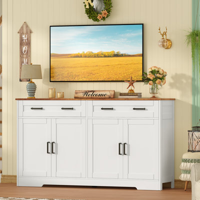 Buffet Cabinet With Storage And Drawers, Large Sideboard Buffet Cabinet With Adjustable Shelves And Doors, Modern Farmhouse Coffee Bar For Kitchen, Dining Room, White