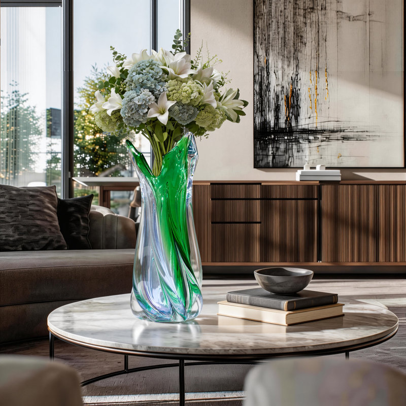 Hand-blown green and blue glass vase, unique swirl pattern sculptural vase, art glass table vase, suitable for modern home decoration.