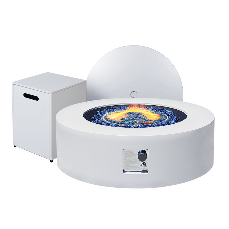 Massapequa 40.5-Inch Round Iron Propane Outdoor Fire Pit Table with Tank Cover, Lid and Rain Cover, White