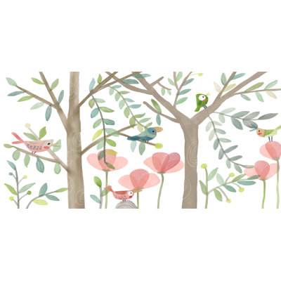 Papier peint amovible aquarelle oiseaux et arbres floraux