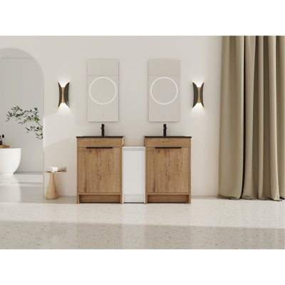 Armoire de salle de bain moderne avec lavabo et rangement en céramique noire - 60 po autoportante, porte lisse, meuble-lavabo en contreplaqué