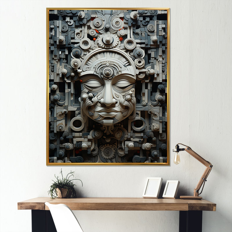 Minimalisme, art indien, masque sur toile, Cadre flottant doré, H 40 po x l 30 po x P 1,5 po