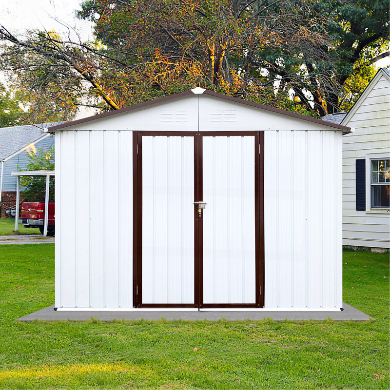 Metal Garden Sheds 8Ftx10ft Outdoor Storage Sheds White+Coffee, White/Brown, 75.2" H x 123.2" W x 102.4" D