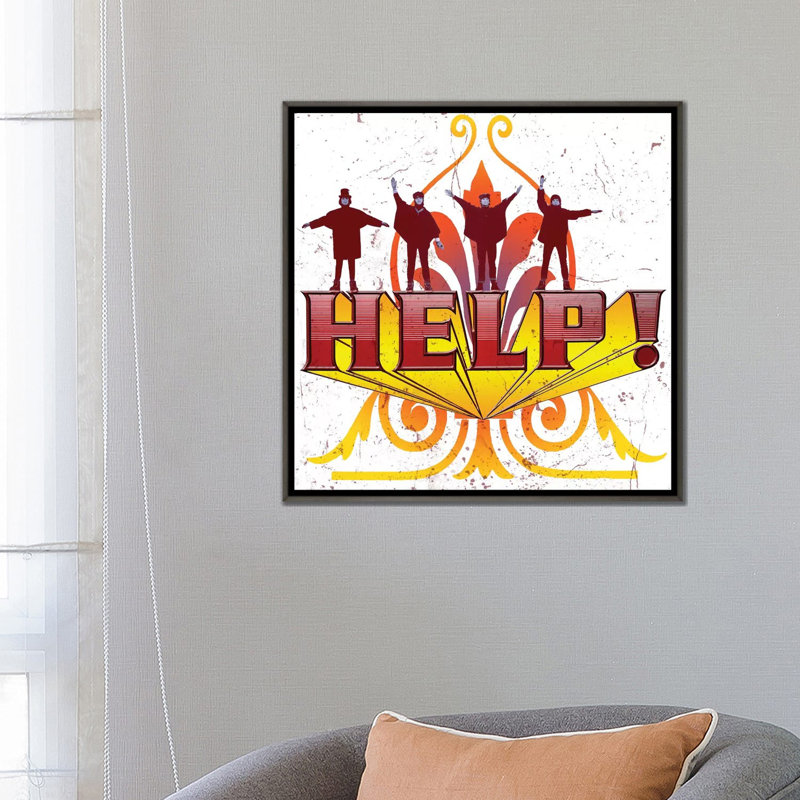 Fab 4 Help! - Advertisements Print, 26" H x 26" W x 1.5" D, Dark Rustic Wood Framed Canvas, No Matte