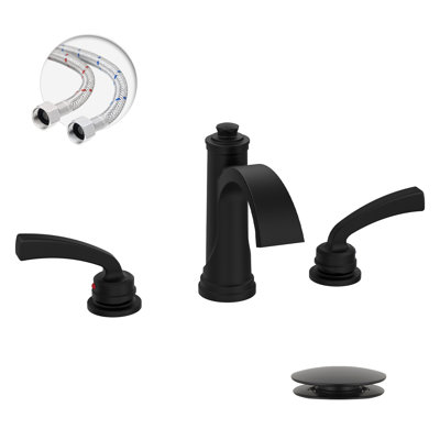 Waterfall 8 In. Widespread Double-Handle Black Bathroom Faucet Set 3-Holes Vanity Sink With Metal Drain In Matte Black