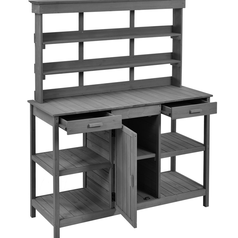 Banc de rempotage de 66 po en bois gris, avec rangement fonctionnel et espace de travail pour grand jardin extérieur gris
