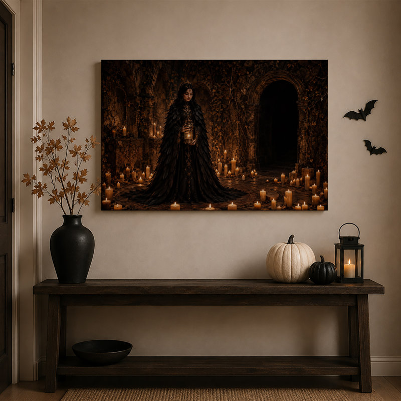 Femme fantastique sombre tenant une lanterne à la lueur des bougies, art mural sur toile pour l'Halloween, H 20 po x l 30 po