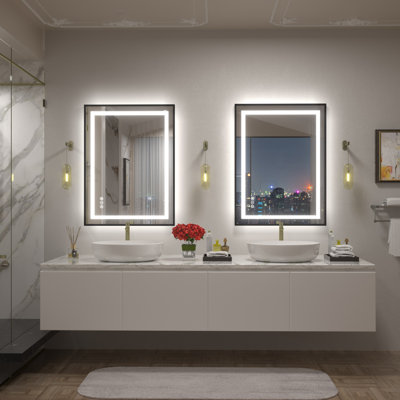 Miroir de salle de bain / meuble-lavabo à cadre en verre trempé à DEL certifié anti-buée Wayfair Basics®