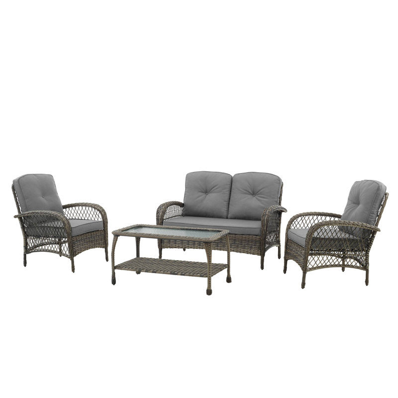 Modesto 4-Person Wicker / Rattan Outdoor Sofa Seating Group with Glass-Top Shelf-Storage Table & Cushions, Gray