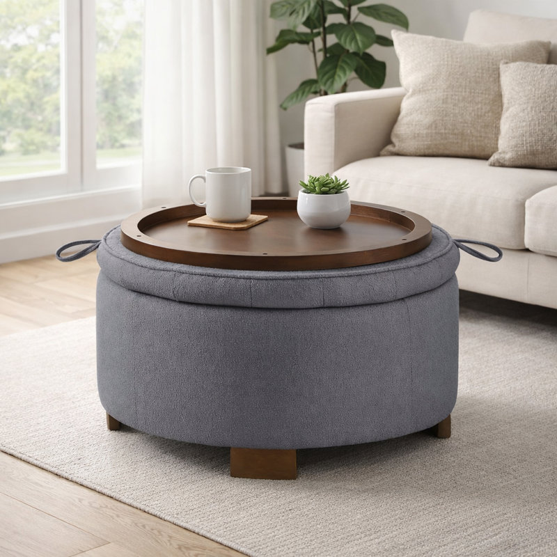 30" W Tufted Round Storage Ottoman With Reversible Lid, Dark Gray