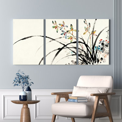 Orchidée et bambou, encre de bambou, art traditionnel chinois (ensemble de 3)