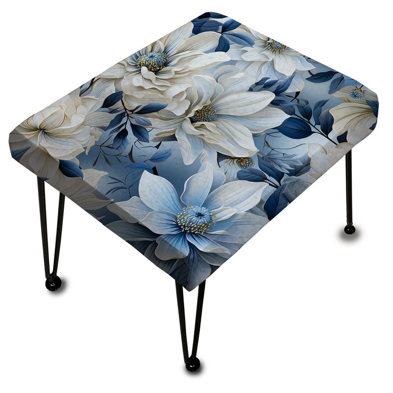 Repose-pieds rectangulaire arctique bleu et blanc à motif botanique I