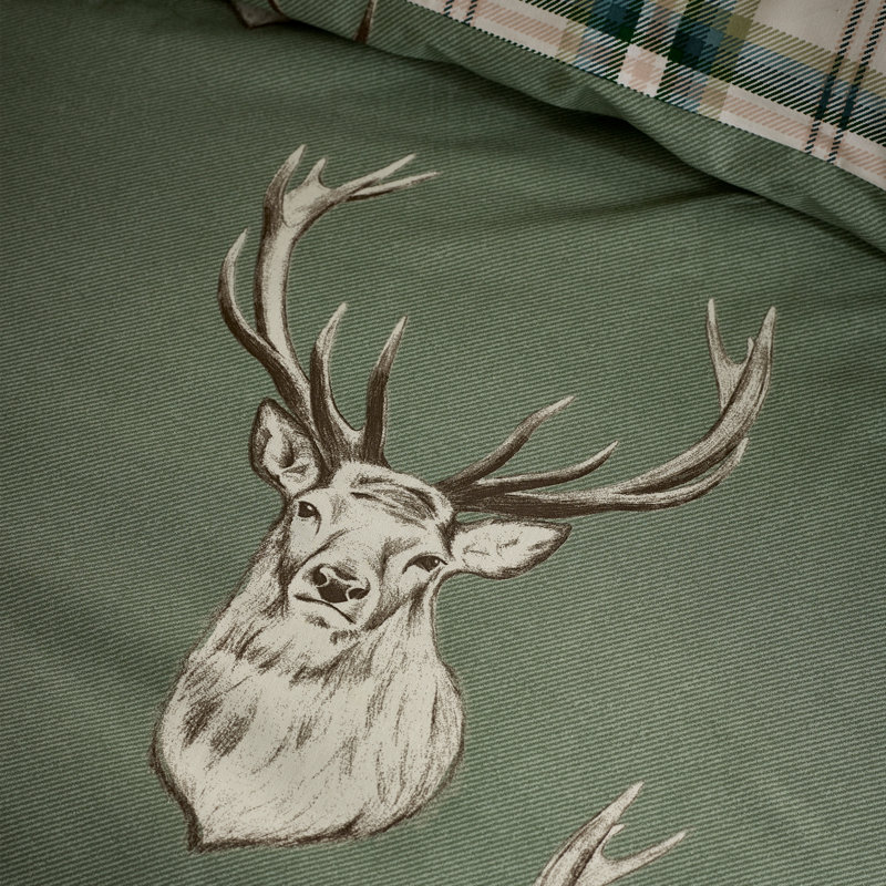 Stag Check Reversible Duvet Cover Set, Super King Duvet Cover + 2 Standard Pillowcases, Olive Green