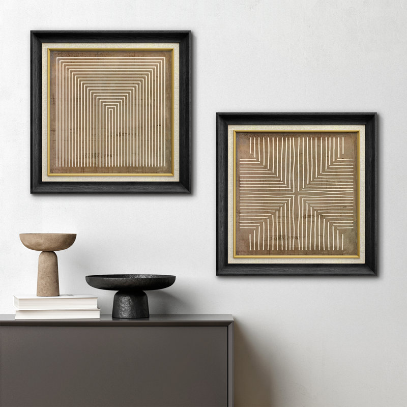 Geometric Abstract Line Minimalist - Framed Canvas Master Bedroom Wall Art Work 2 Pieces Print, Brown, Black Gallery Frame