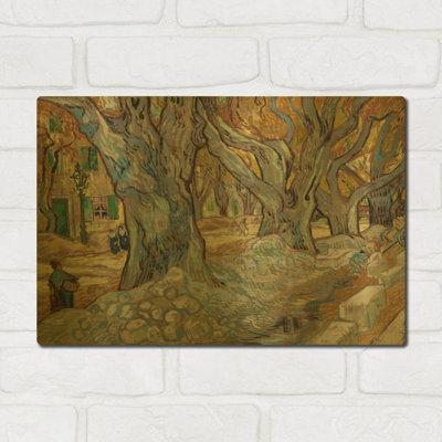 «The Large Plane Trees (Road Mender At Saint-Remy) 1889» par Vincent Van Gogh, art mural en métal doré, 16 po x 12 po