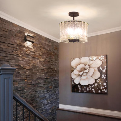 4 - Light Modern Drum Semi Flush Mount With Hammered Glass Strip