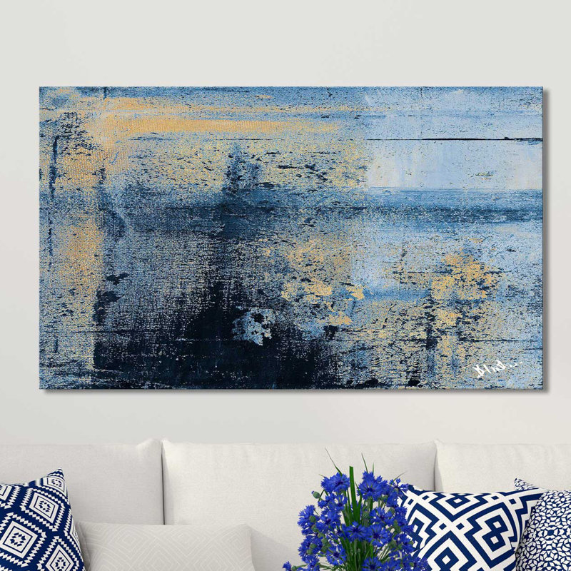 «Gold on Blue Squarel II», reproduction d'art sur toile tendue, H 18 po x l 40 po x P 1 po