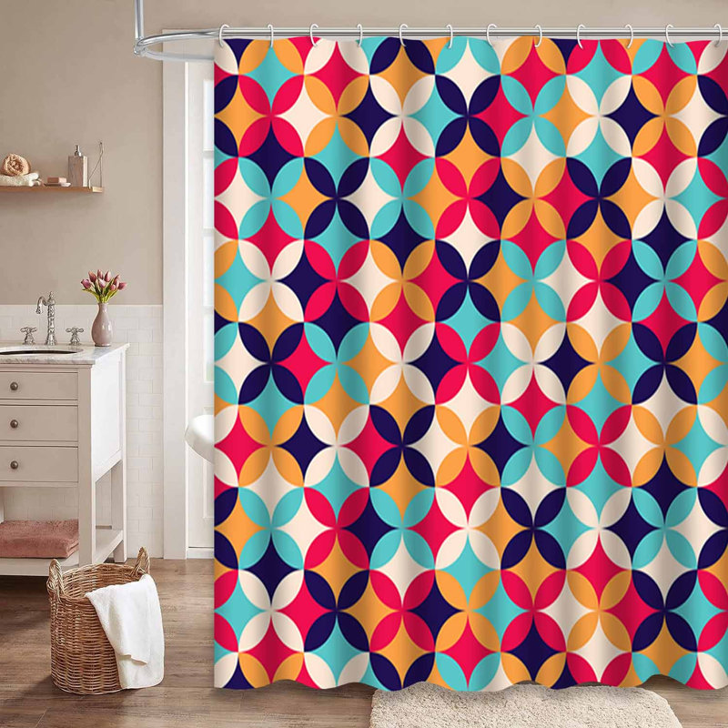 Rideau de douche imperméable rétro à motif géométrique rose marine avec 12 crochets, L 72 po x l 78 po