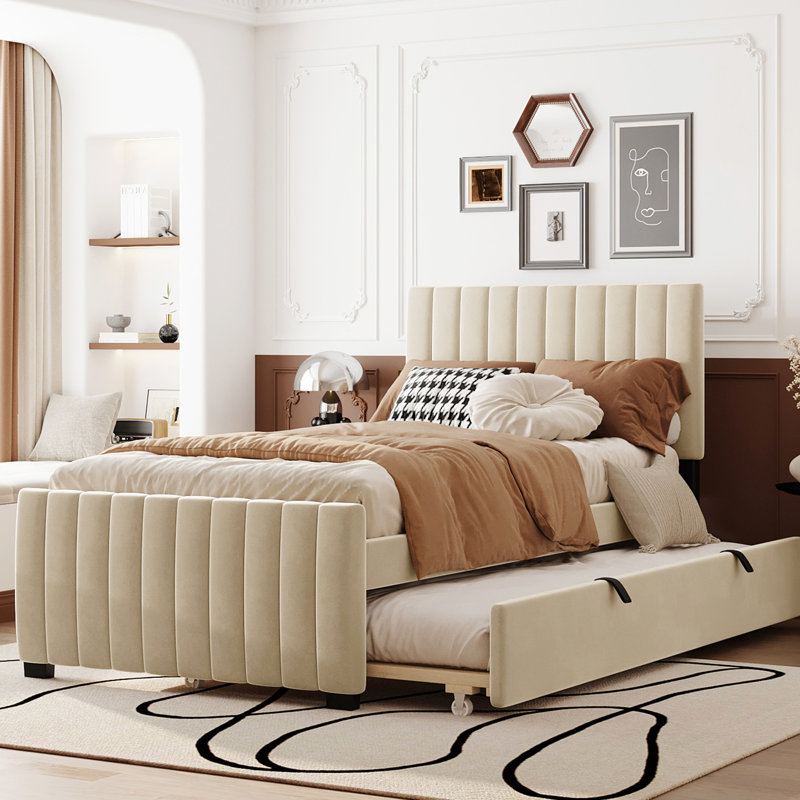Lit plateforme simple tapissier beige avec lit gigogne - Élégant pour tous, matériaux de velours dans une nuit de sommeil confortable, base stable