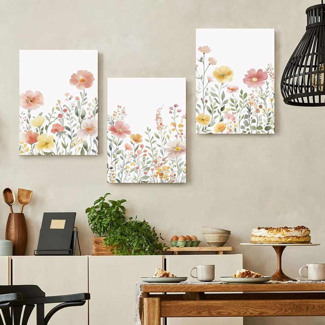 Colorful Wildflower Canvas Wall Art Set Of 3 Framed - Pink Floral Watercolor Prints, Modern Minimalist Flower Painting Girls Botanical Nursery Decor F