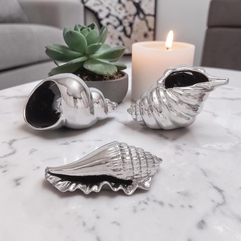 Shoaf Porcelain Ceramic Shell Decorative Sculpture Set, Silver