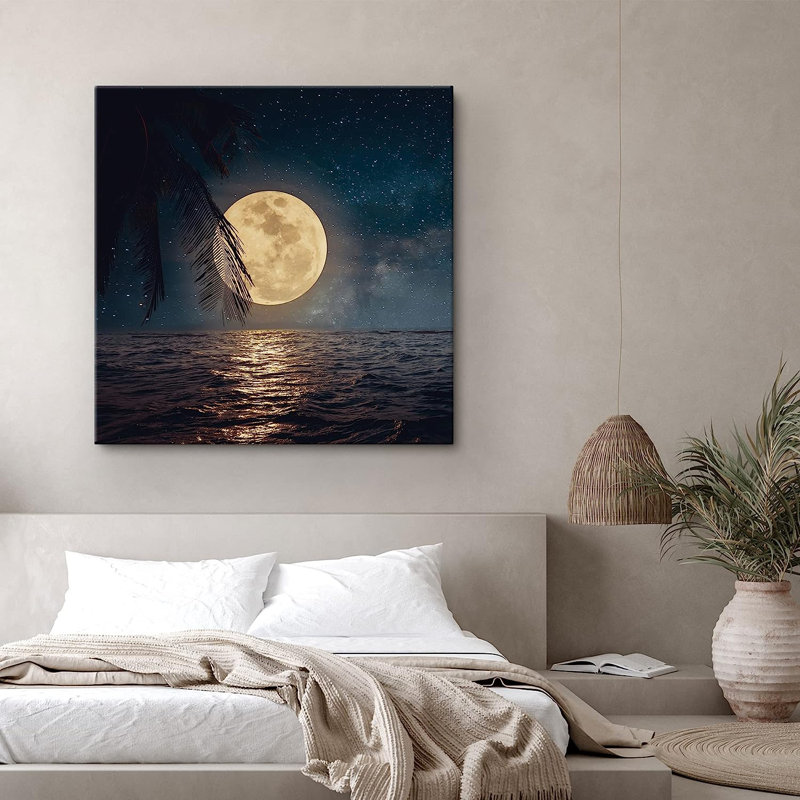 Moon " Harvest Moon Nighttime Tropical Ocean Horizon ", 24" H x 24" W x 1.5" D