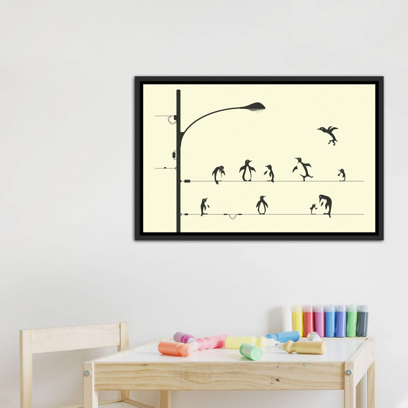 «Penguins on a Wire», art encadré, H 40 po x l 60 po x P 1,5 po, Toile avec cadre noir patiné
