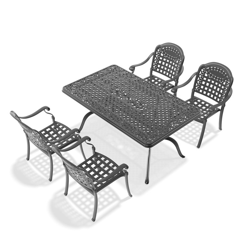 5 meubles d'extérieur d'extérieur en aluminium avec coussins - noir, anticorrosion, empilable, confortable pour 4 fontes d'aluminium, inclus, chaises empilables et table rectangulaire